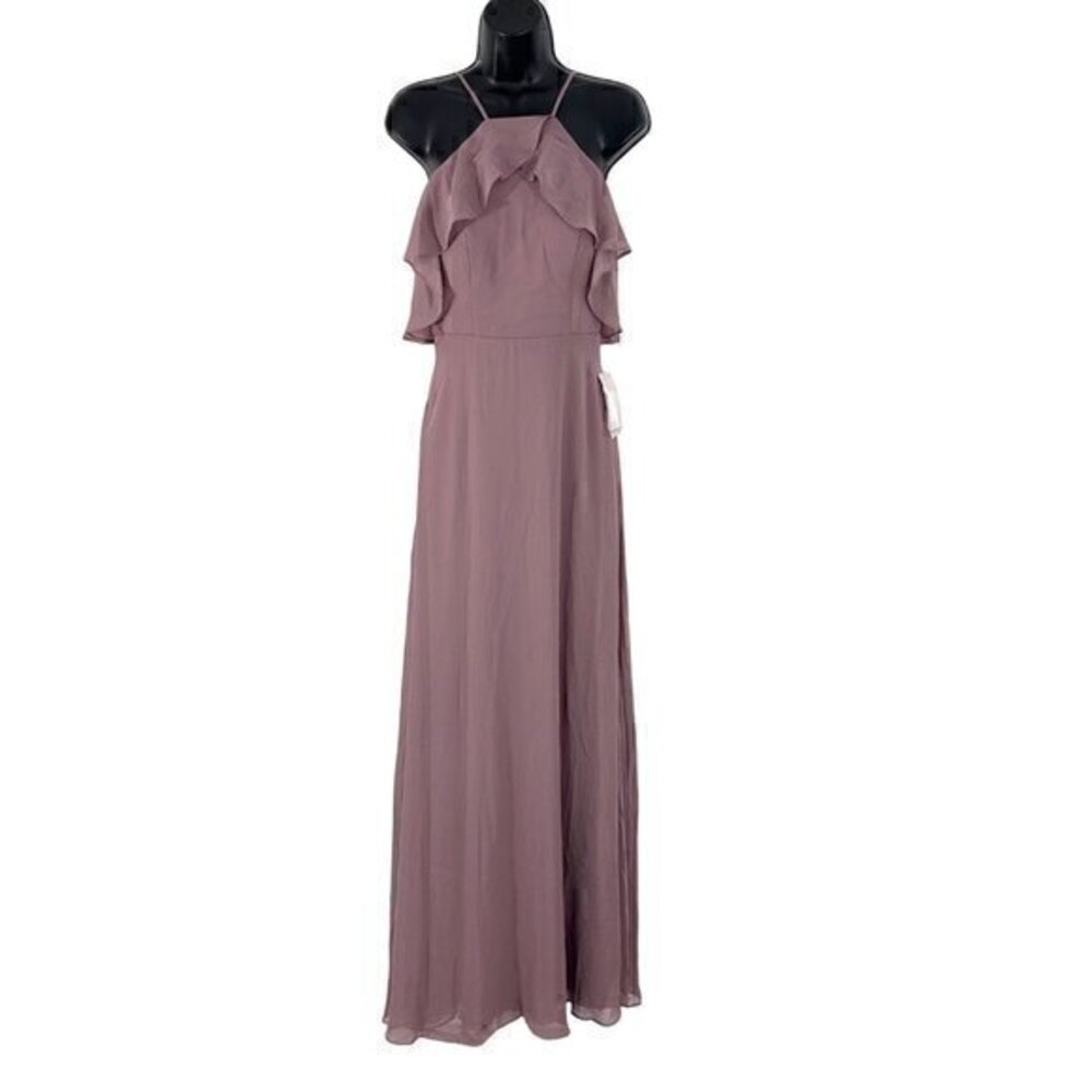 Birdy Grey Jules Chiffon Ruffle Halter Floor Length Dress Gown Dark Mauve Small‎